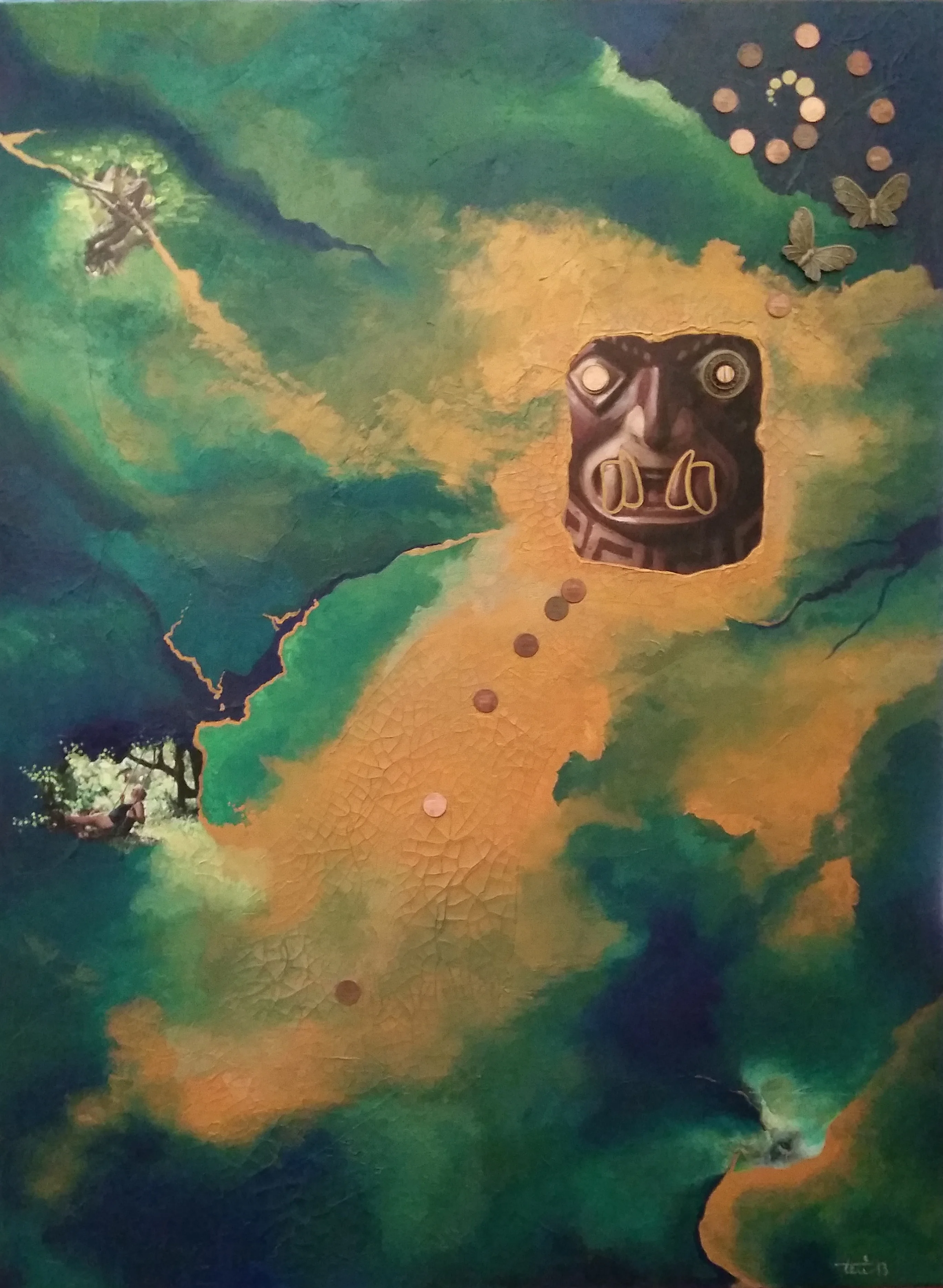 Surreal painting with tiki mask floating in green and gold landscape with butterflies